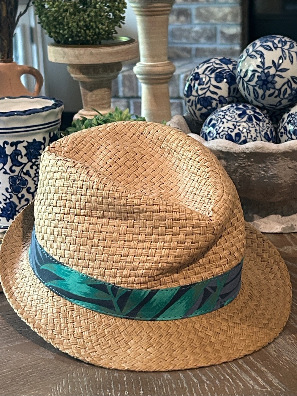 Boys Straw Fedora with Teal & Navy Tropical Palm Tree Leaf  Band